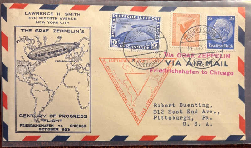 GERMANY, 1933, Chicago flight to Chicago (bkstp) franked w/C44 Zeppelin stamp