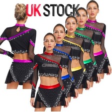 Women's 2pcs Shiny Rhinestones Cheerleading Dance Outfit Crop Top with Skirt AU