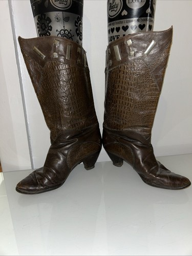 6 37 Vintage Brown Leather Boots 80's ALAN PINKUS mid Calf Cowboy Mid Heel