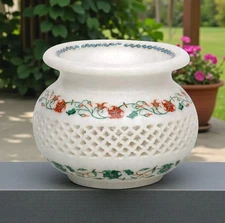 White Marble Flower Pot , Customized Flower Pot , Gemstone Inlay Table Decor Pot