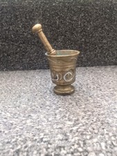Vintage Brass Mortar and Pestle, with silver Inlaid Design