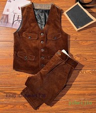 Mens Vintage Corduroy Suit Single-breasted Multi-pocket Vest Pants 2PCS Business
