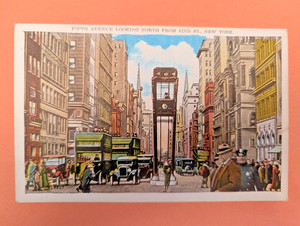 Vtg white border POSTCARD New York City TRAFFIC TOWER 5TH Ave & 42nd St