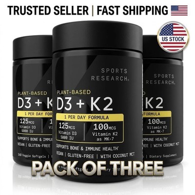 (Pack of 3) Sports Research Plant-Based Vitamin D3 + K2 5000 IU 160 Softgels