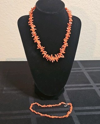 Vintage 925 Filagree Verschluss Orange Zweig Koralle Perlen Halskette mit Armband