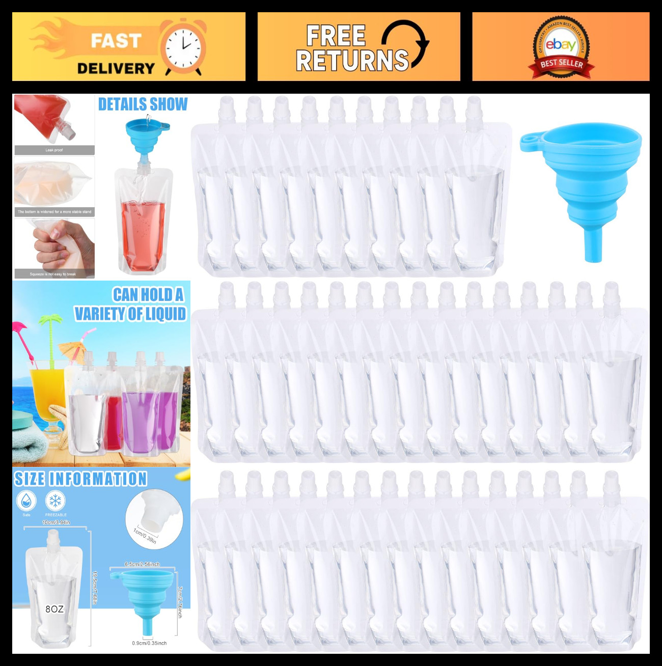 300 Pcs Reusable Juice Pouches 8 oz - Leak Proof Liquid Bags