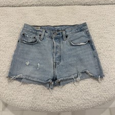 Levi s 501 High Rise Button Fly Light Blue Distressed Denim Jean Shorts Size 28