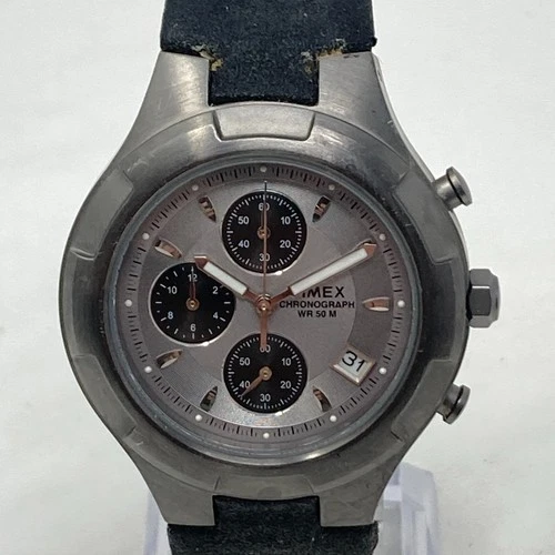 Vtg Timex Chronograph Watch Men 39mm Gunmetal Date 50M WR New Battery 2000