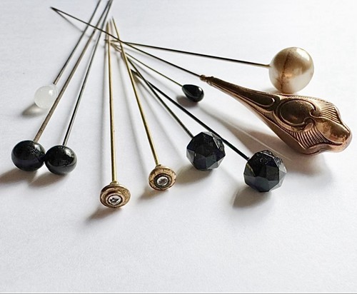 Lot of 10 Antique Victorian Hat Pins Gold Filled Cut Jet Black Glass Copper