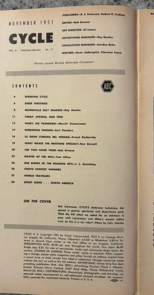 VTG Cycle Magazine November 1951 – Rare Indian Motorcycle Cover, Bonneville, VG+ - Image 2 of 4