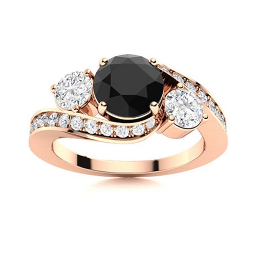 5MM Round Black Spinel & White Topaz 925 Silver Rose Plated Three Stone Ring