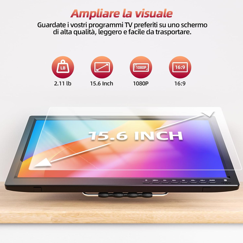 TV Portatile Da 15,6 Pollici Con Risoluzione 1080P Digitale DVB-T2, Mini TV Con - Foto 2 di 12