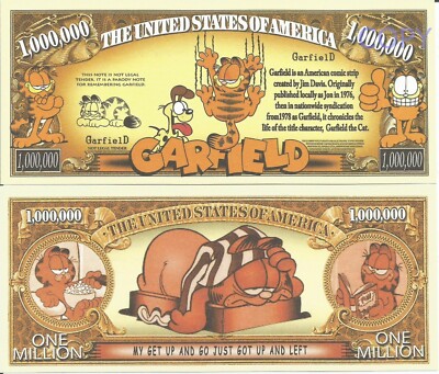 Garfield die Katze Amerikanischer Comic Strip Millionen Dollar Scheine x 2 Jon Odie Hund