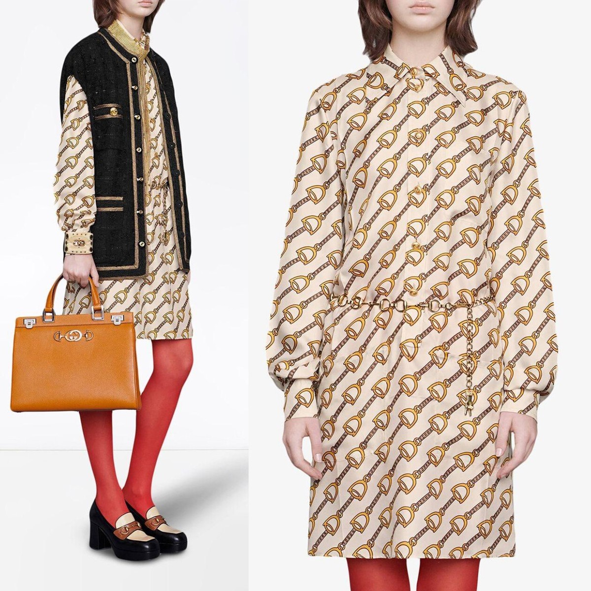GUCCI★素敵!STIRRUPS PRINT SILK DRESS W/ CHAIN BELT GUCCI DRESS SILK WITH STIRRUPS PRINT GOLDTONE CHAIN BELT