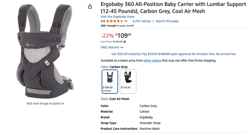 Ergobaby 360 All-Position Baby Carrier - Cool Air Mesh, 12-45 lbs, Carbon Grey - Picture 6 of 6