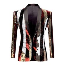 Mens Striped Sequin Tuxedo Jacket Suit Blazer Coat Party Showman Costume Classic