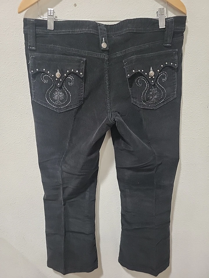 Jeans vintage bordado cintura baixa veludo alargado preto tamanho 15 36x27 anos 90 Y2K - Imagem 2 de 4