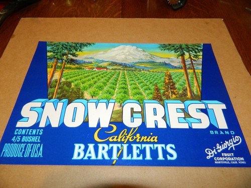 Original Fruit Crate Label for Snow Crest California Bartlett Pears, Mid 1900s