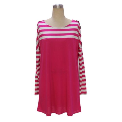 US Women's Fashion Long Sleeve Drop Shoulder Contract Stripe Mini Dress Rose Red - Picture 9 of 17