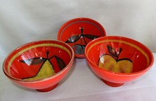 3-Vintage French Art Pottery Red Hand Painted Fruits Bowls-Mid Century Modern