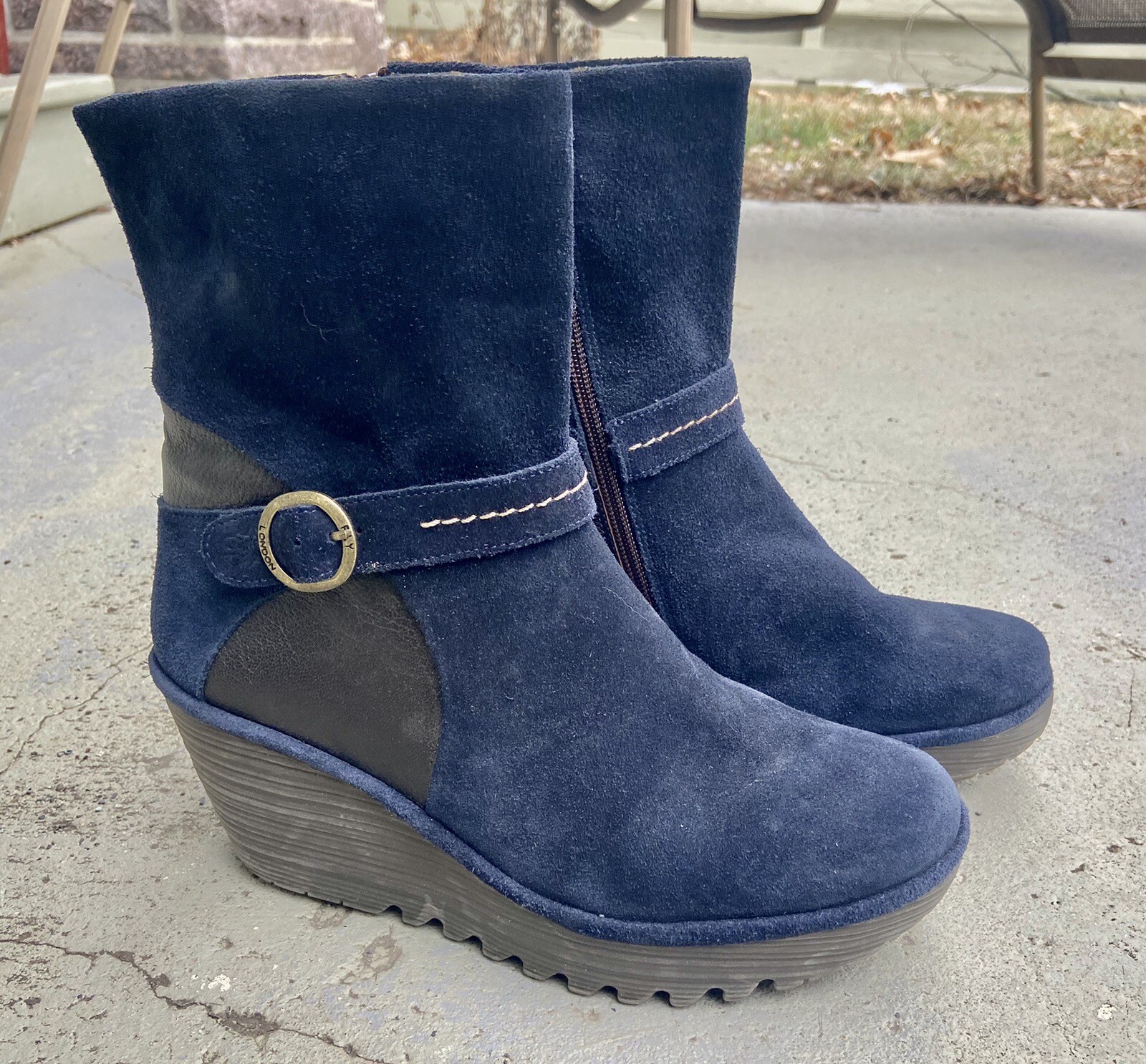 Fly London Yome Navy Suede And Leather Wedge Boots Size 41 US 10
