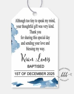 12 Gift Tags Baptism Christening Bomboniere Personalised Boy Thank you 