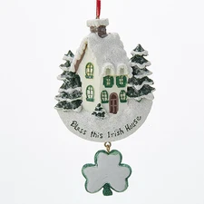 KURT ADLER RESIN "BLESS THIS IRISH HOUSE" w/SHAMROCK DANGLE XMAS ORNAMENT W3855