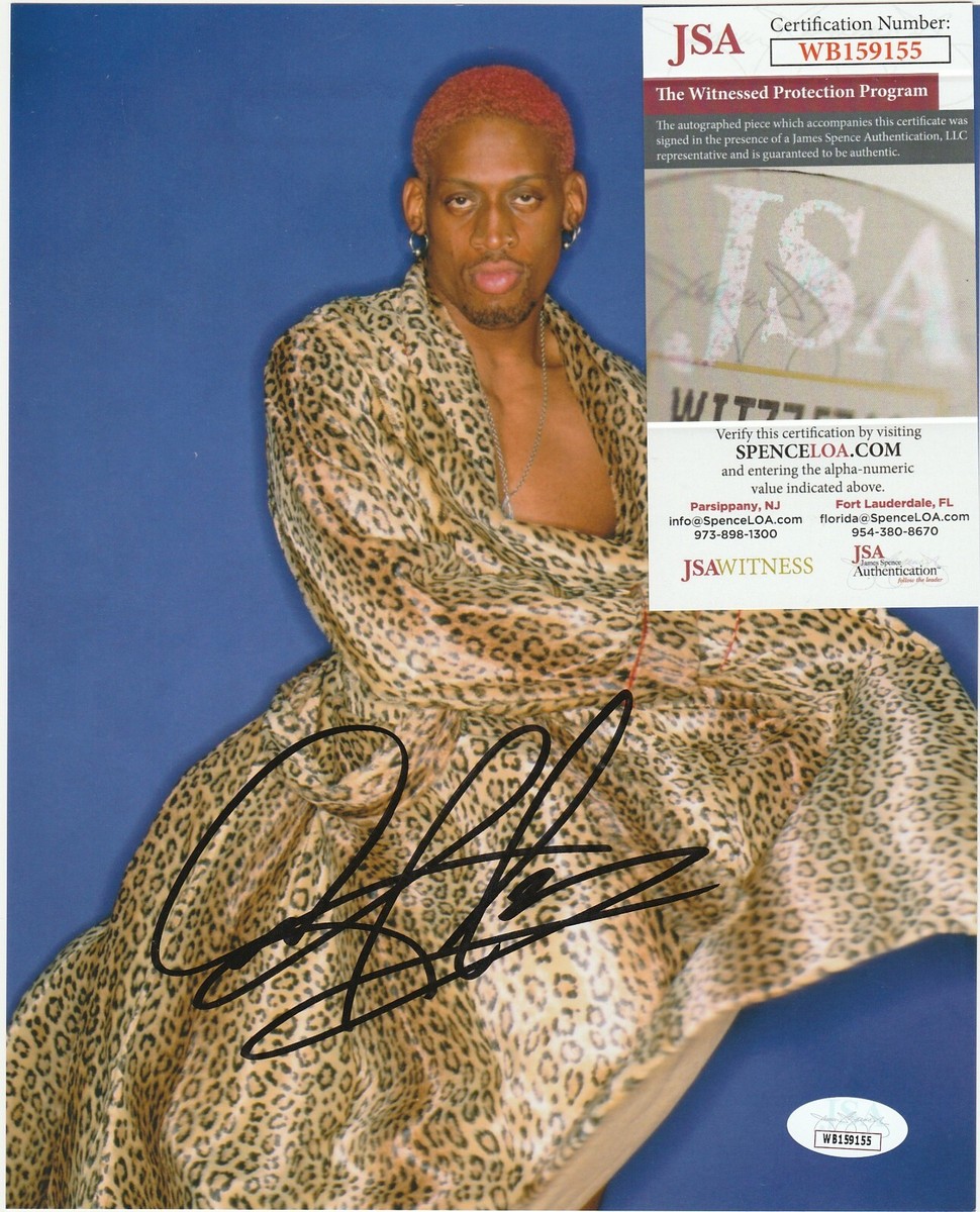 DENNIS RODMAN SIGNED 8X10 PHOTO LEOPARD PRINT OUTFIT RED