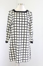 J Crew Black Off White Windowpane Plaid Printed 3/4 Sleeve Shift Dress Size 2