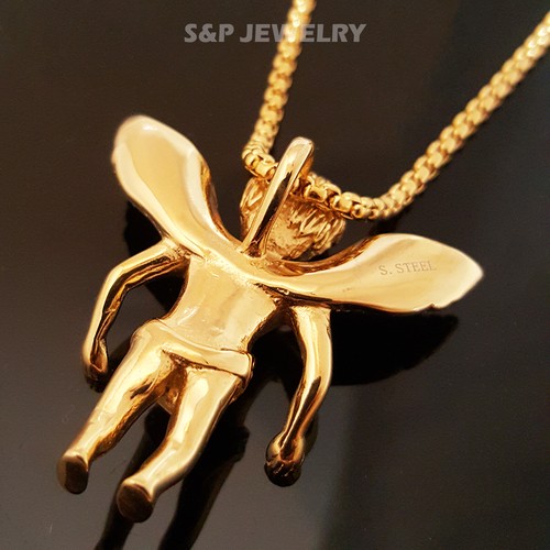 Stainless Steel Gold flying baby angel Pendant & 24" Round Box Chain Necklace - Picture 2 of 3
