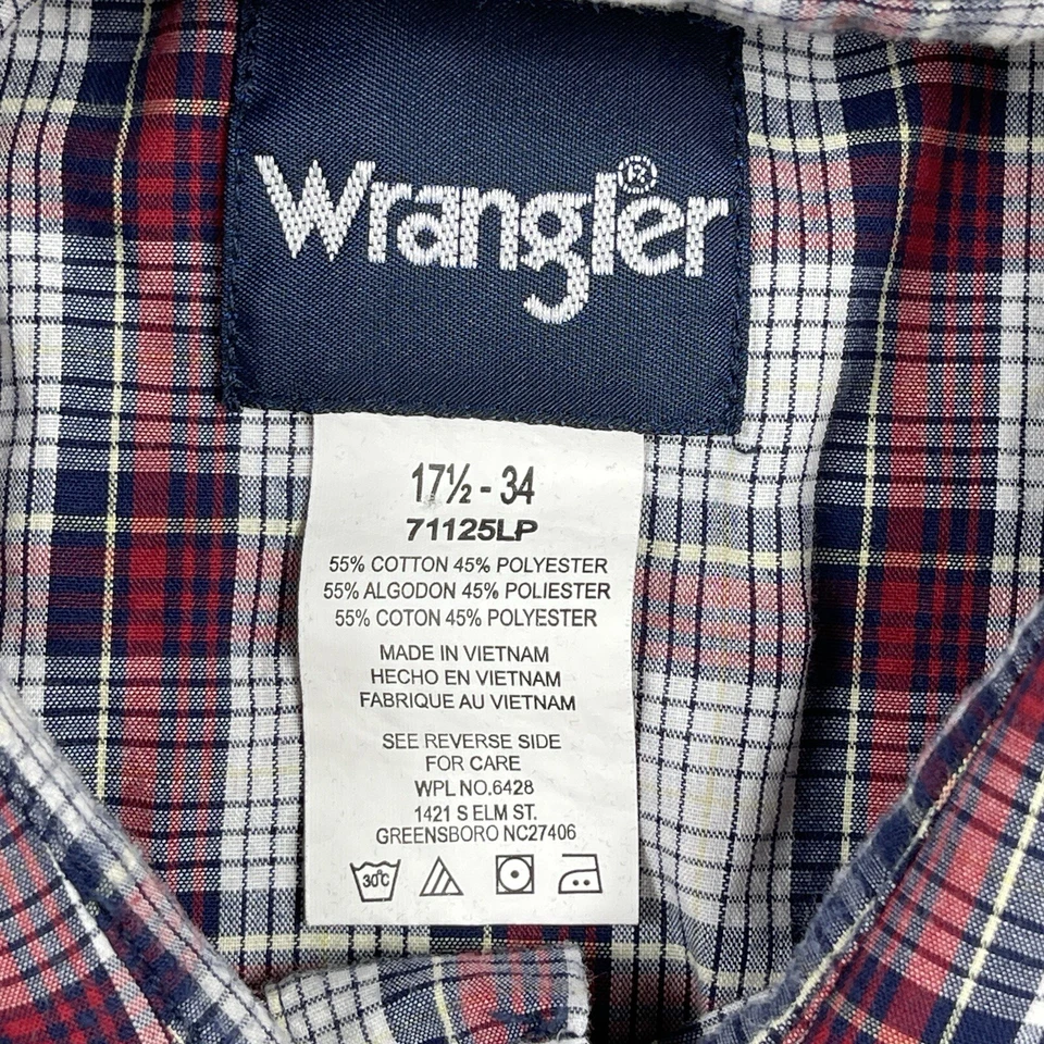 Wrangler Shirt Mens 17.5-34 Red Plaid Country Western Cowboy Pearl Snap Work - Image 3 of 4