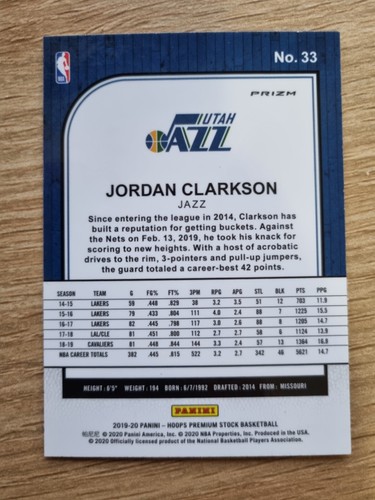 2019-20 Panini NBA Hoops Premium Holo Silver #33 Jordan Clarkson - Jazz - Picture 2 of 2