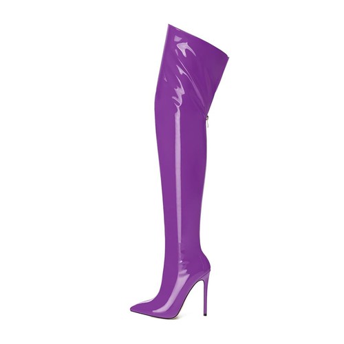 Sexy Patent Leather Skinny Boots Pointed Toe Zip Super High Heel Knee High Boots - Picture 8 of 42