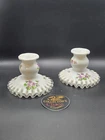 Fenton Milk Glass Silver Crest Violets In The Snow Candlesticks Ruffles