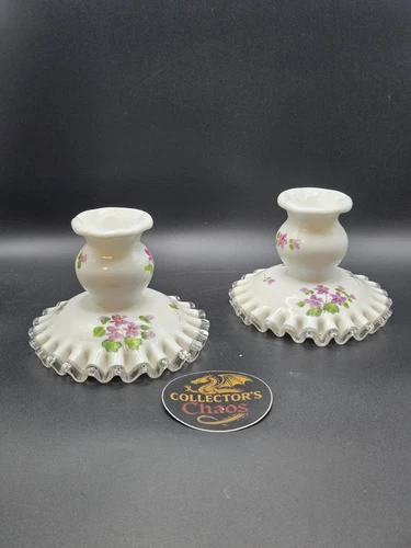 Fenton Milk Glass Silver Crest Violets In The Snow Candlesticks Ruffles