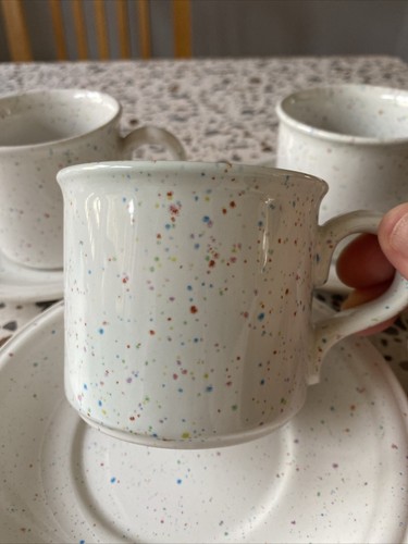 John Tams Confetti Speckled Set of 3 Cups & Saucers Vintage Retro White - Picture 2 of 5