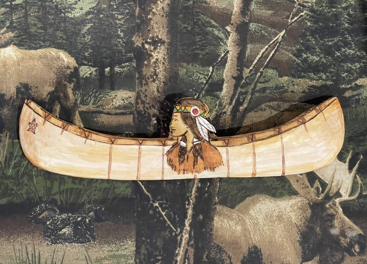 Hand Carved Painted Birch Bark Canoe Native Amer. Maiden Wood Cabin Decor 12
