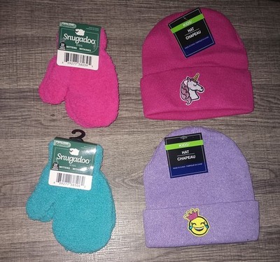 4 Piece Winter Hats Mittens Girls Gloves Winter New 2 Hats 2 Mittens As Shown