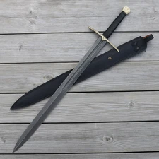 Handmade Damascus Steel Medieval Sword | With Leather  Sheath