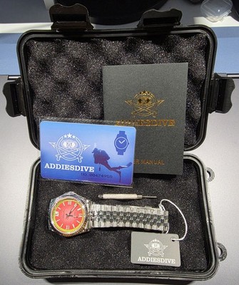 Addiesdive Watermelon Red 36mm Watch Fluted Bezel Wrapped Quartz 100m Sapphire