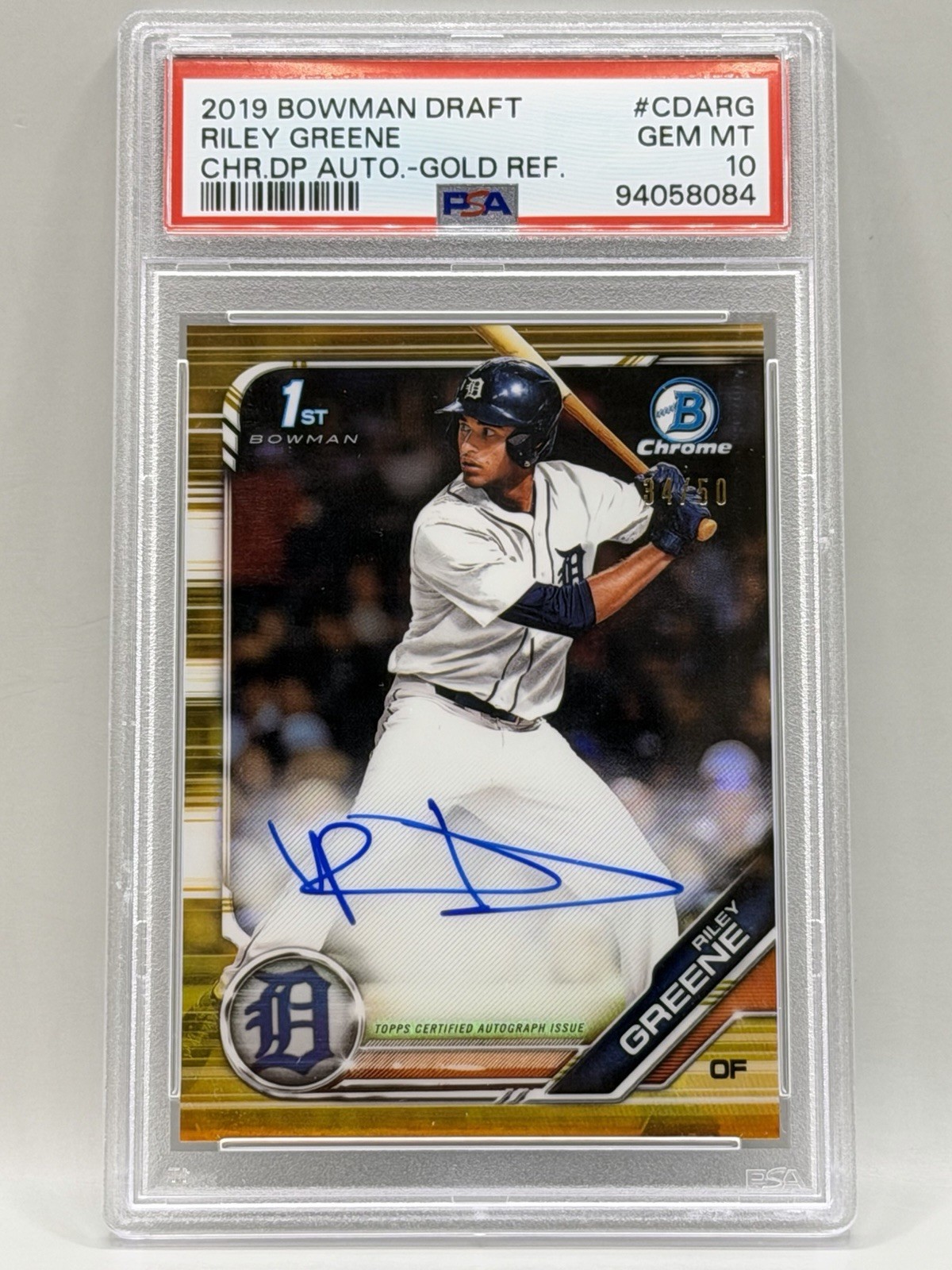 2019 Bowman Chrome Draft Riley Greene Gold Refractor Auto #34/50 PSA 10 Gem Mint