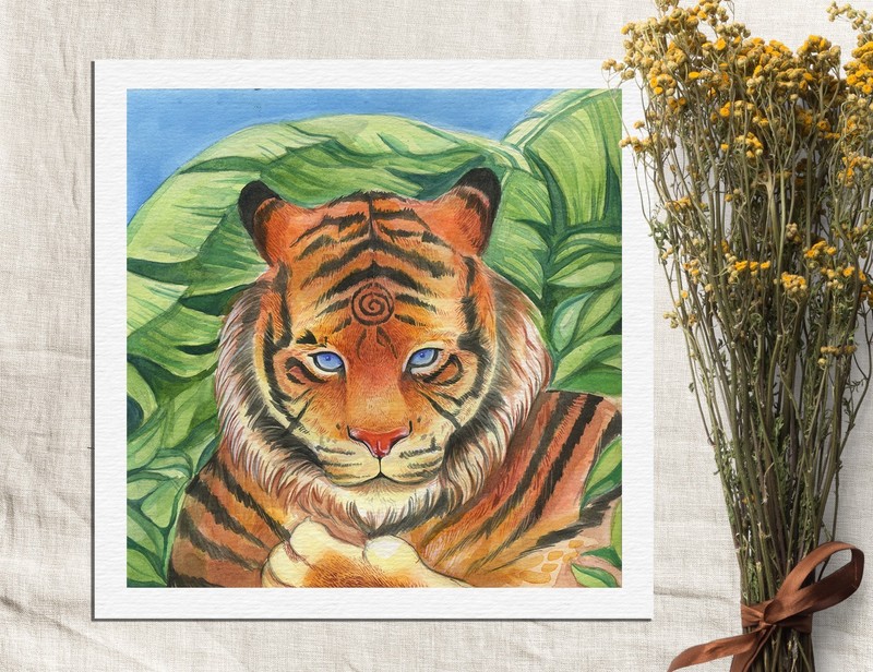 Original Tiger Watercolor Painting 8x8 | Blue Eyes Jungle Animal Art