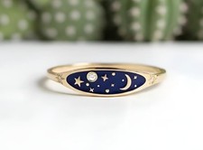 Starry Night , Sky Gold Celestial Blue Enamel Ring with Sterling Silver