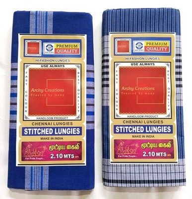 Premium Handloom Stitched Cotton Lungi, 2.10 Meters, Pattern may change, Pack...