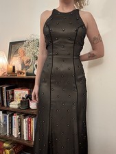 Black Beaded Chiffon Maxi Dress, Sleeveless, High Neck, Lined, Size XS-XXS