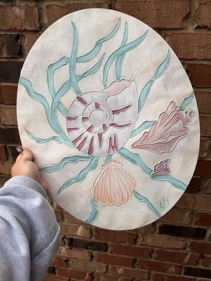 Vintage 1980s Selix Shell Painting Oval Canvas