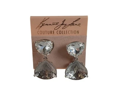 KENNETH JAY LANE Silver Rhodium Crystal Drop Clip-On Earrings One Size NEW - Image 1 of 4