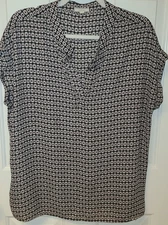 Pleione Split Neck Blouse Large Black Tan Geo Chevron Cuffed Cap Sleeve