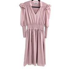 AMYLYNN Maeve Pink Smocked Long Sleeve Frill Shoulders Midi Dress Split Neck S