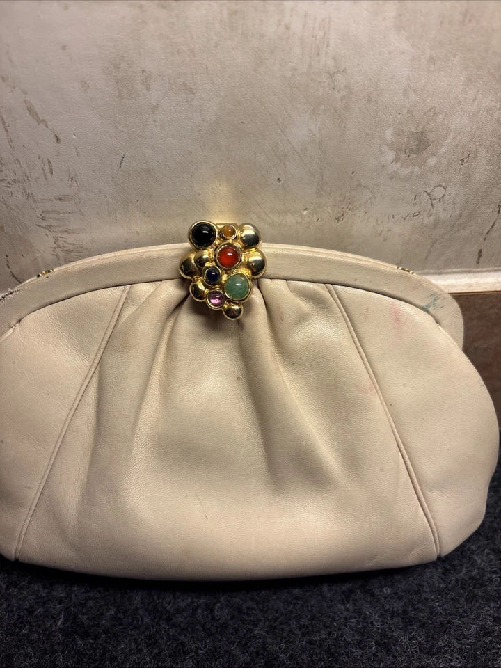 复古 Judith Leiber 多色珠宝 Snap Top 奶油色皮革金色链条 — 第 2/4 张图片